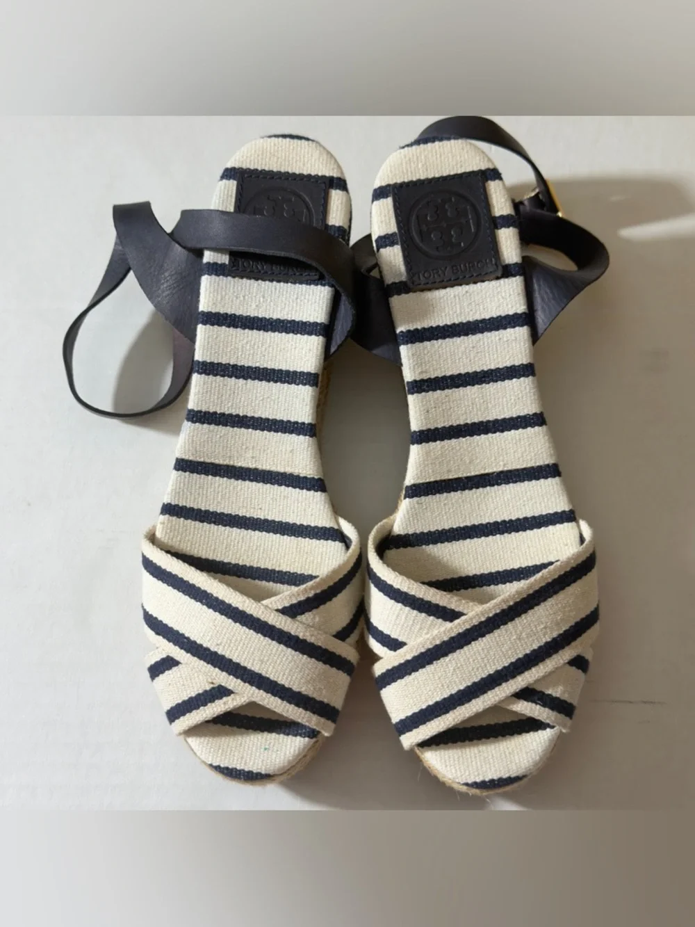 Tory Burch Navy & Cream Striped Espadrille Sandals